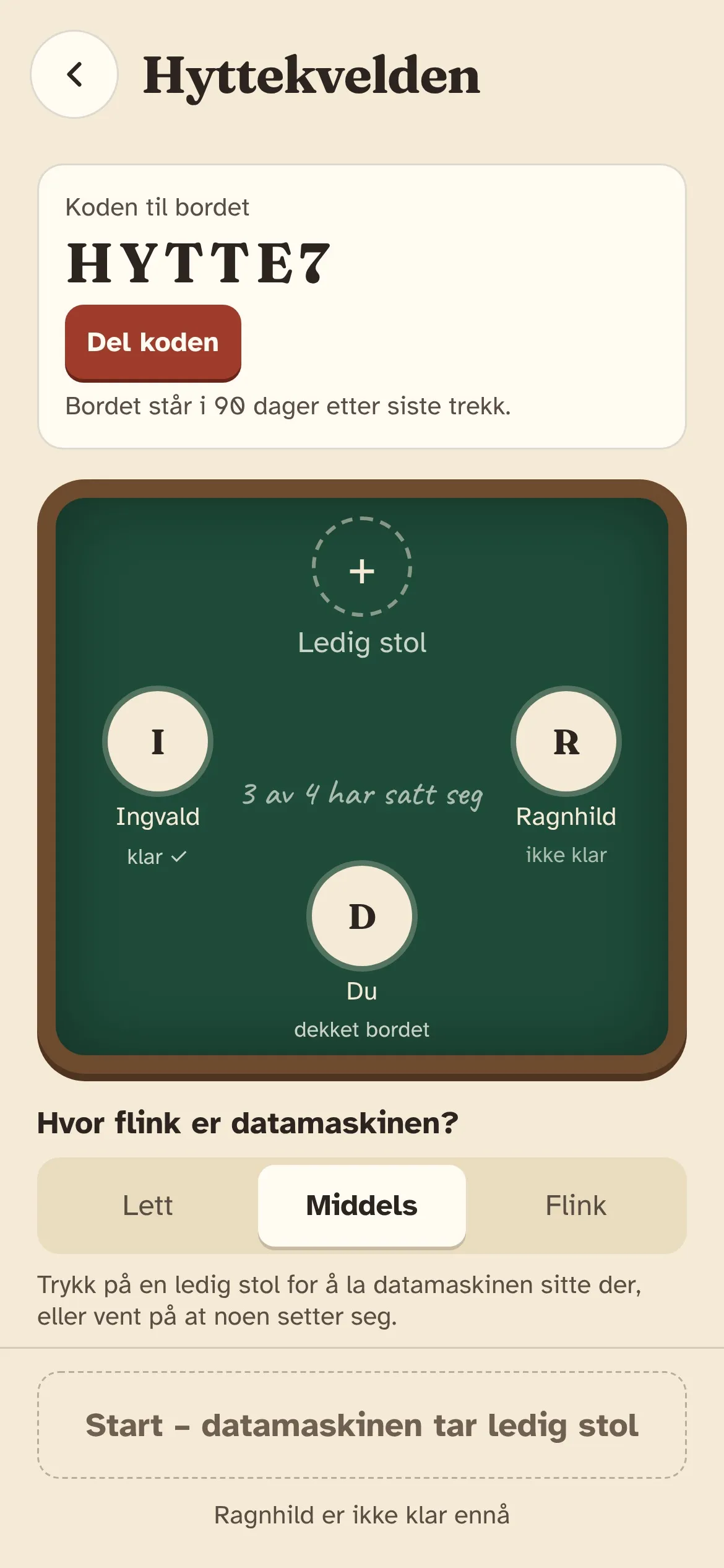 Lobbyen med koden til bordet, tre av fire som har satt seg, og valget av hvor flink datamaskinen skal være.