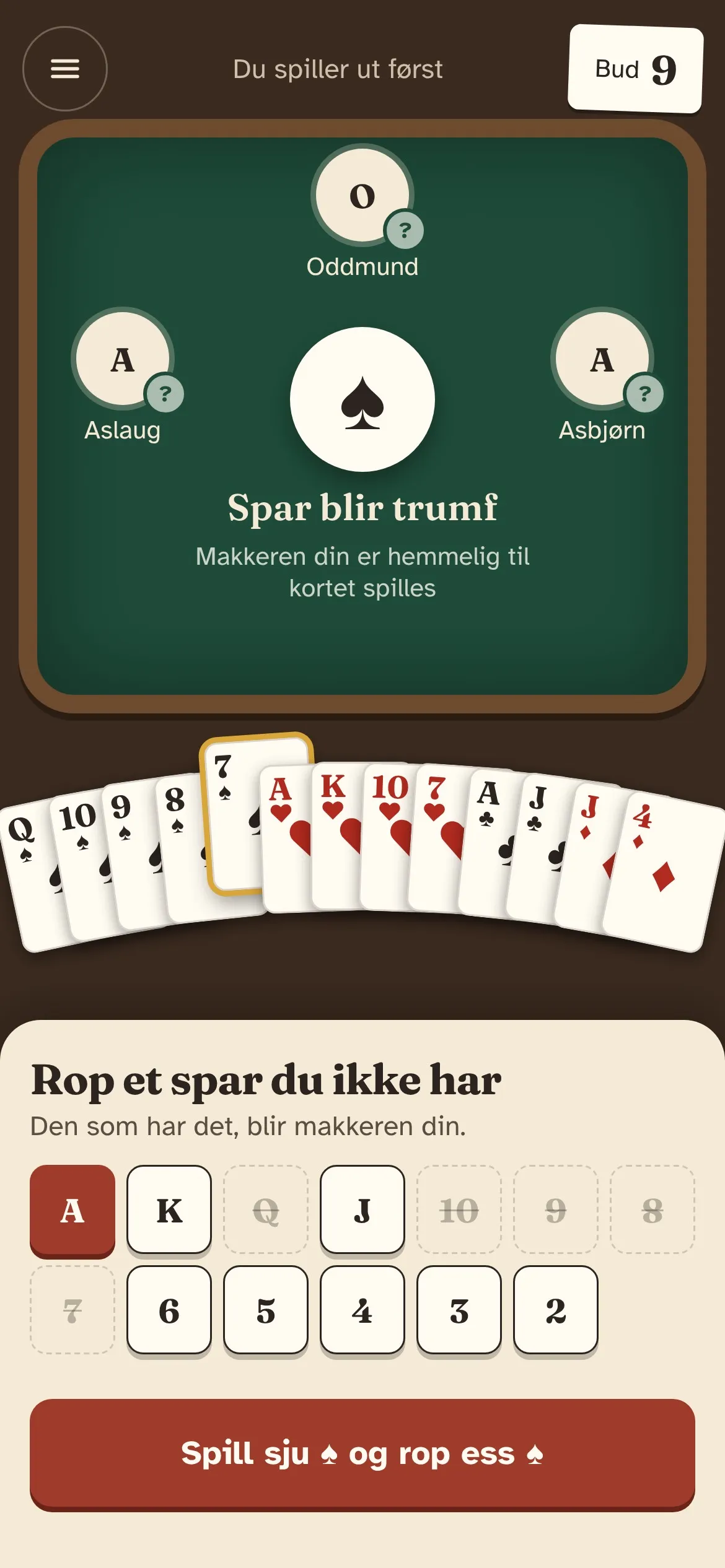 Spillebordet i Amerikaner: spar blir trumf, og spilleren velger hvilket spar hen roper.